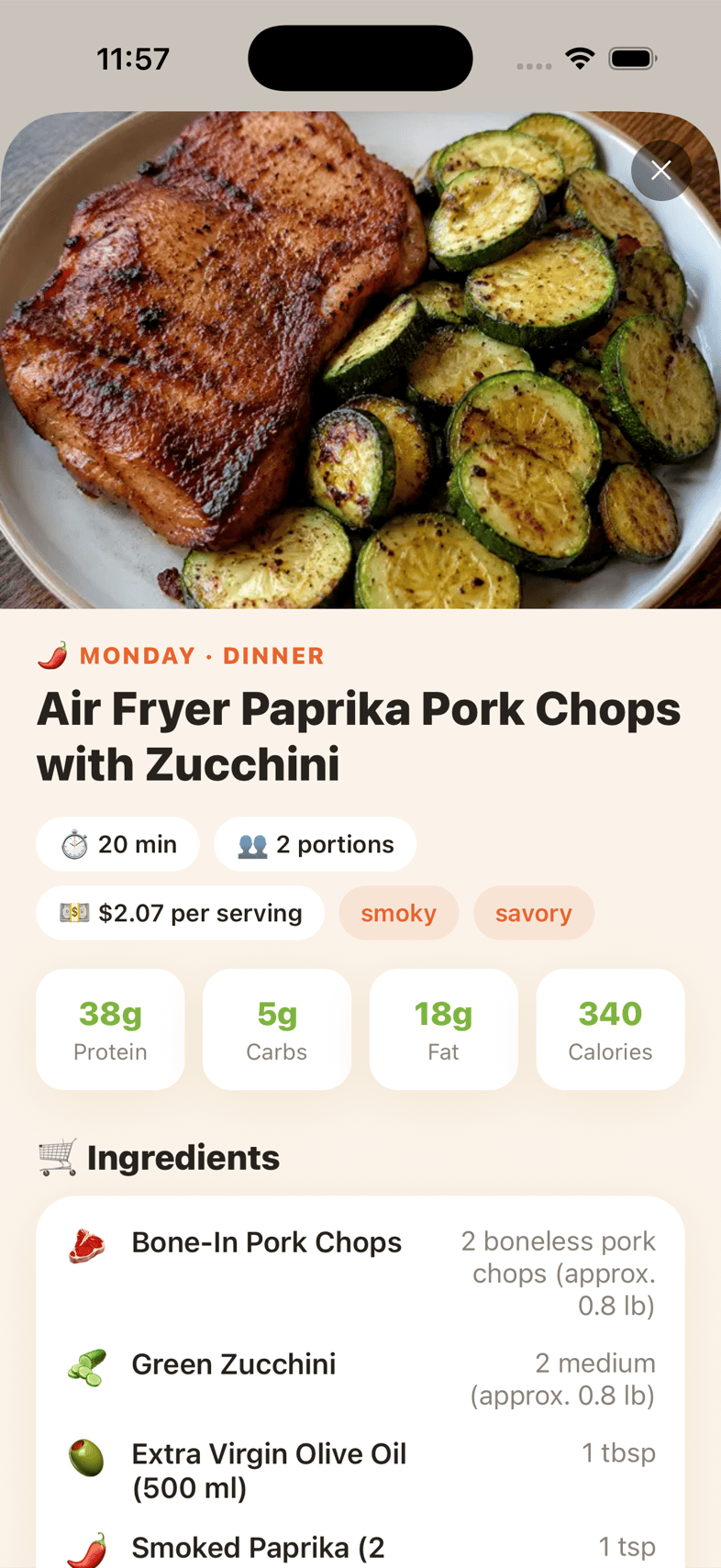 A full recipe with photo, cost, and steps